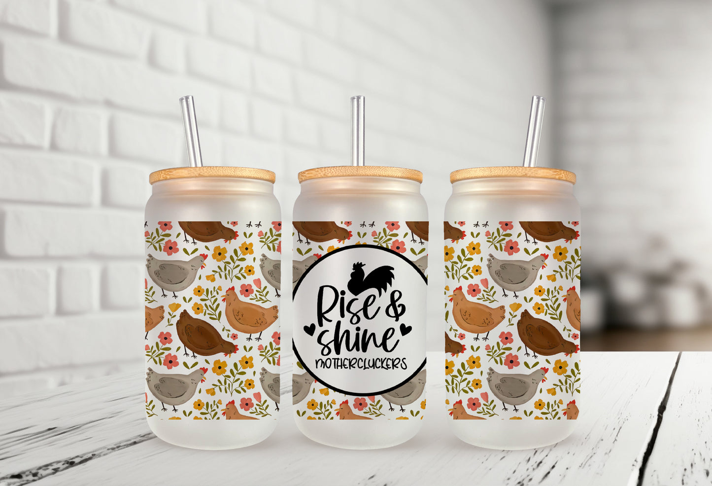 Rise & Shine Mother Cluckers 16oz Frosted Glass Can