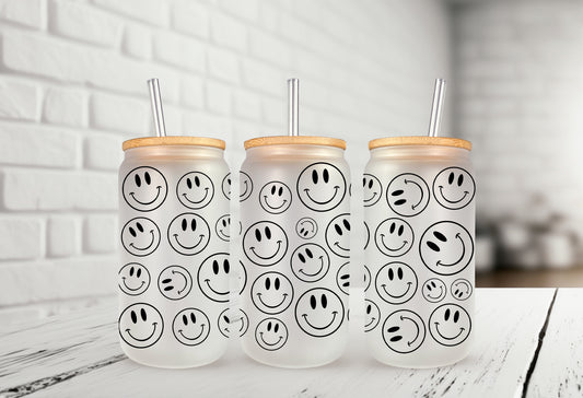 Smiley Faces 16oz Frosted Glass Can