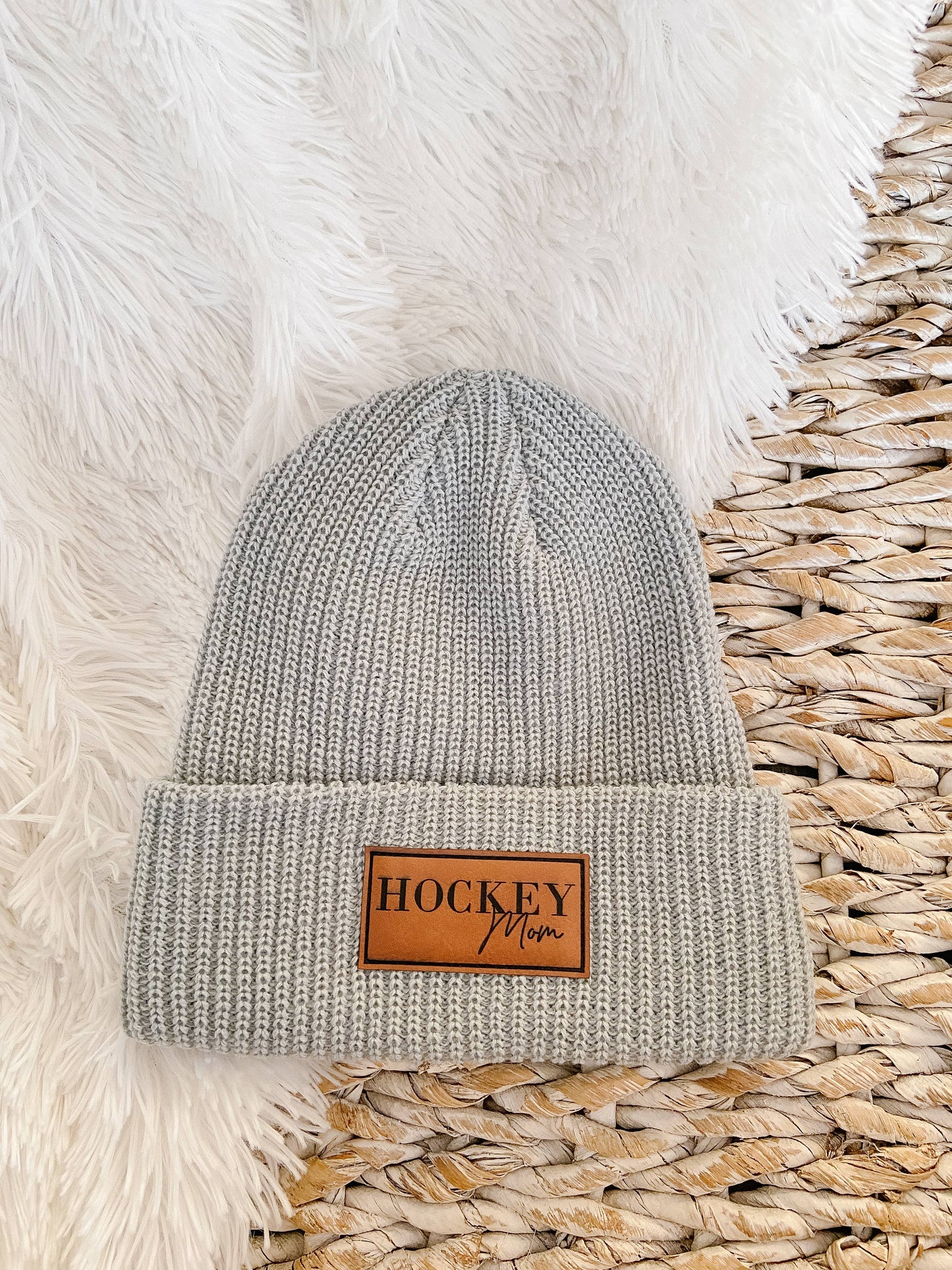 Hockey Mom Leather Patch Beanie