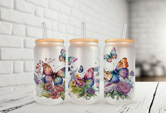 Butterflies 16oz Frosted Glass Can