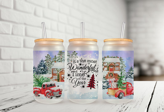 Christmas Wonderful Time Truck 16oz Frosted Glass Can