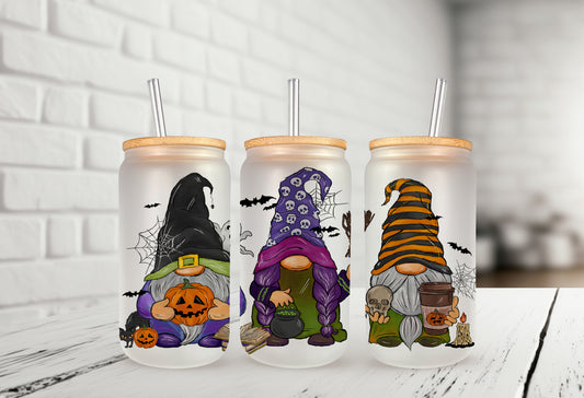 Halloween Gnomes 16oz Frosted Glass Can