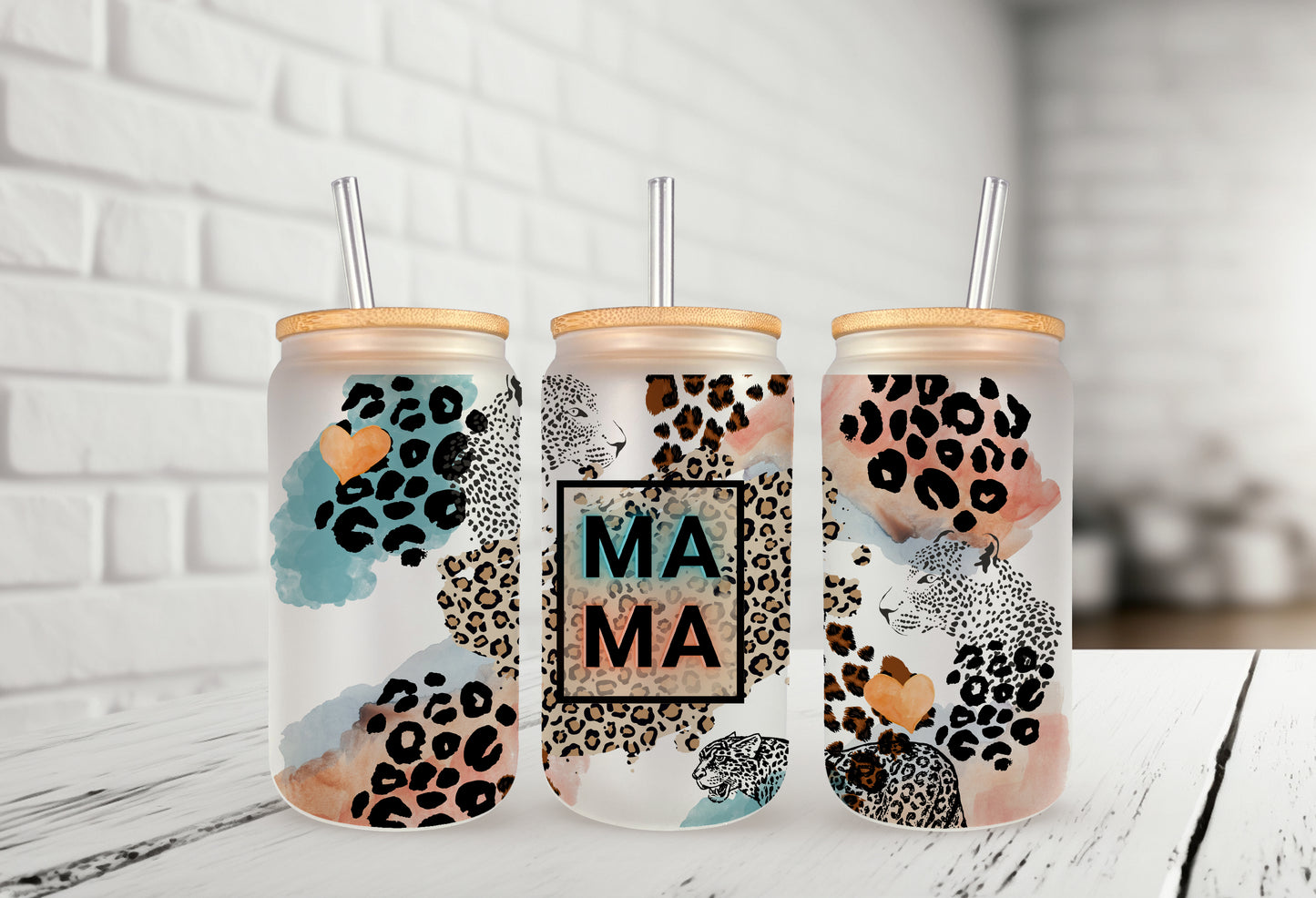 Mama Leopard Print 16oz Frosted Glass Can