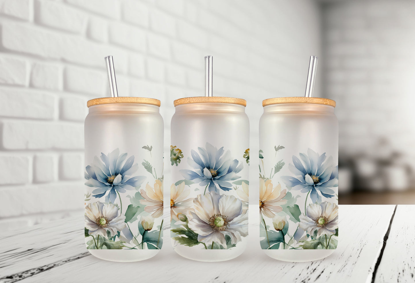 Summer Flowers 16oz Frosted Glass Can