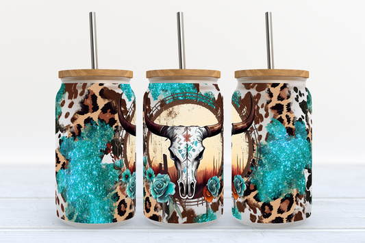 Turquoise Skull 16oz Frosted Glass Can